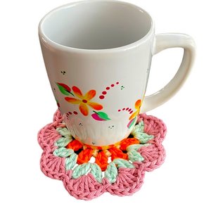 Hand Painted Mug with Matching Crochet Coaster - Unique Handmade Gift